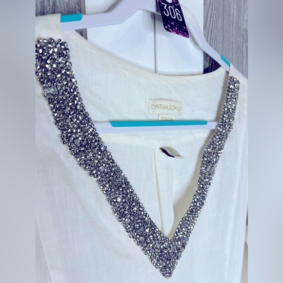 306. Cynthia Rowley Beaded V-Neck Linen Top Cream/Bronze Large - Picture 3 of 7